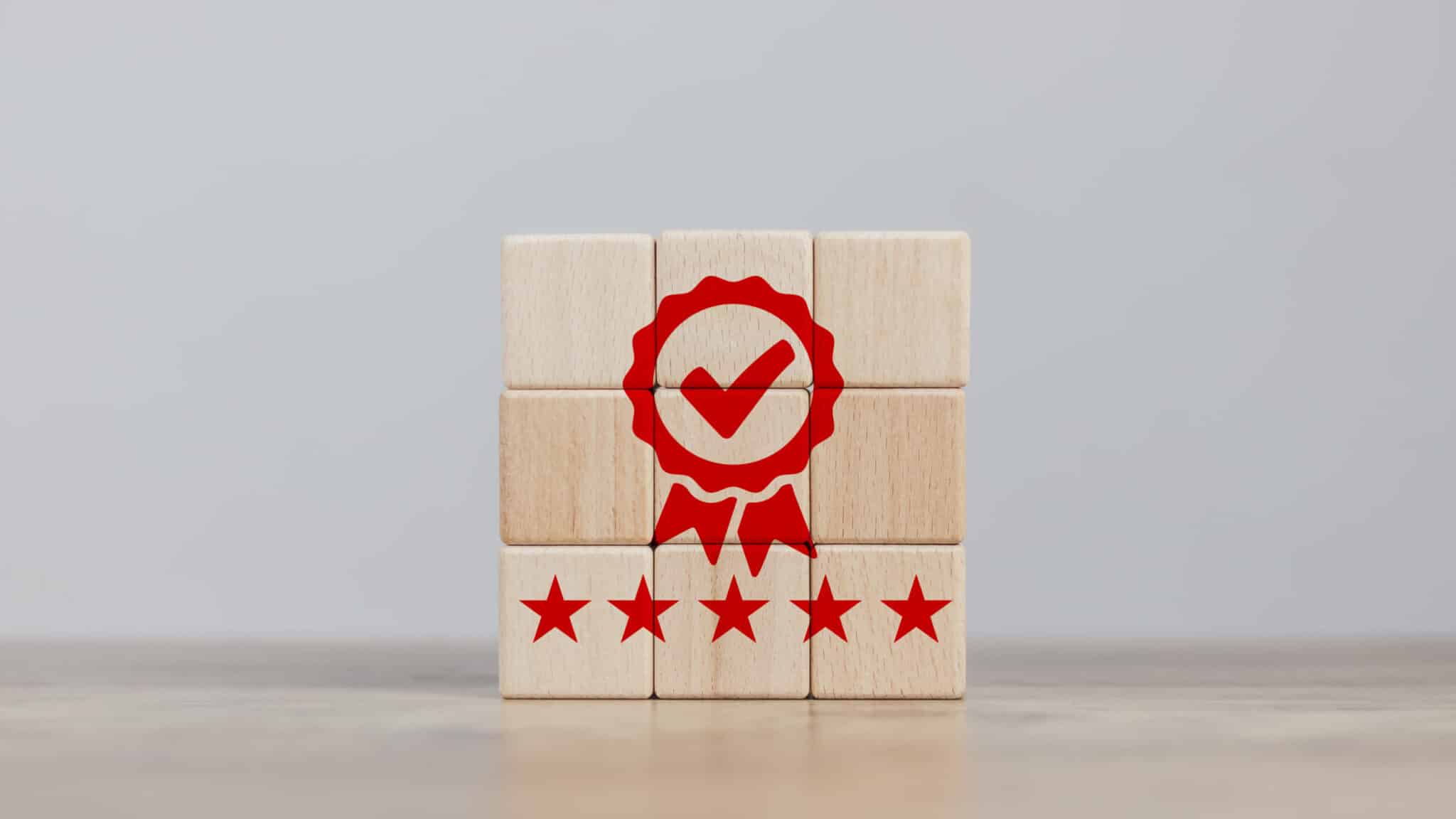 Certification And Quality Concept Cube Wood Aligned Icon Showing Quality Assurance Certificate  Organization Must Have A Certificate  Confidence In Good Service. Create Satisfaction For Customers