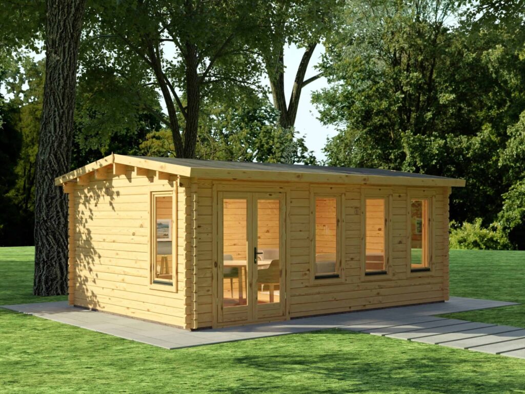 A Wooden Cabin With A Table And Chairs In The Back