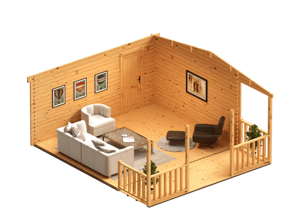 A Wooden House With A Couch And Chairs