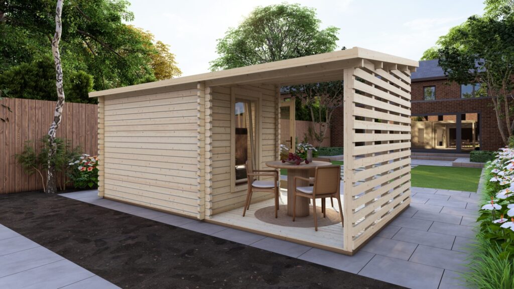 Vizualizace rohového zahradního domku Eurodita s krytou verandou, 5 x 3 m, stěna 44 mm