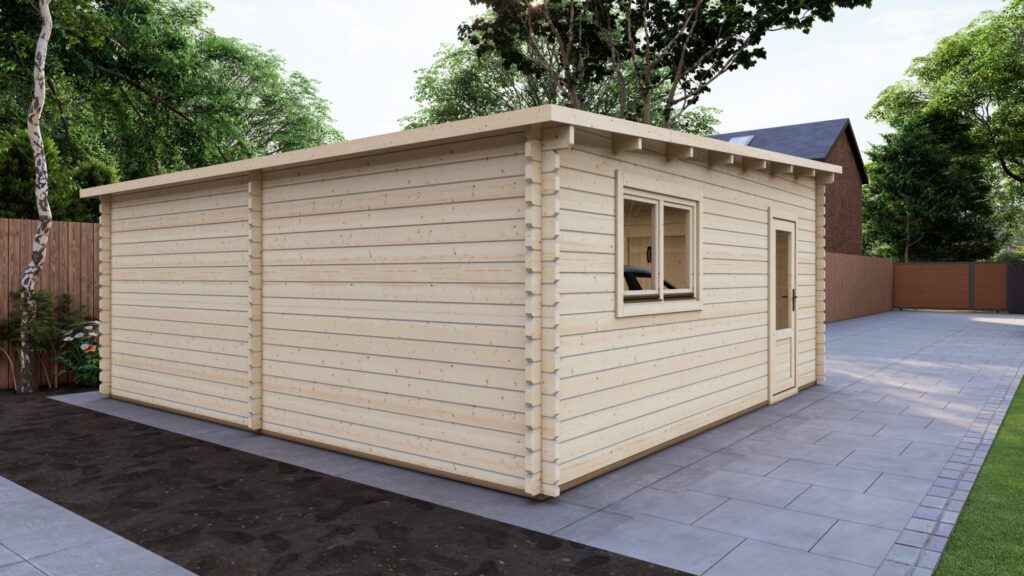 Double Log Garage 6x6, Pent, 44mm back wall