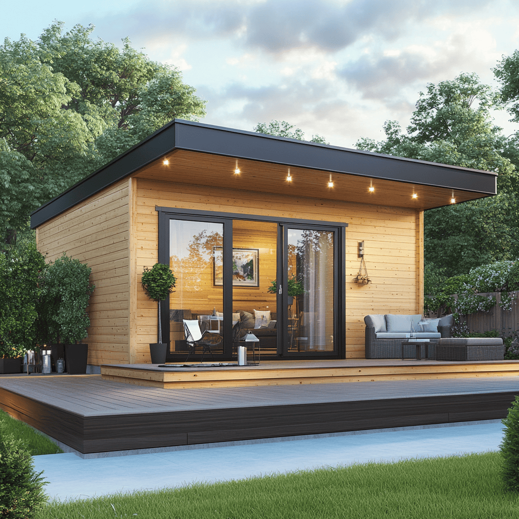 A Small Wooden House With A Deck And A Patio