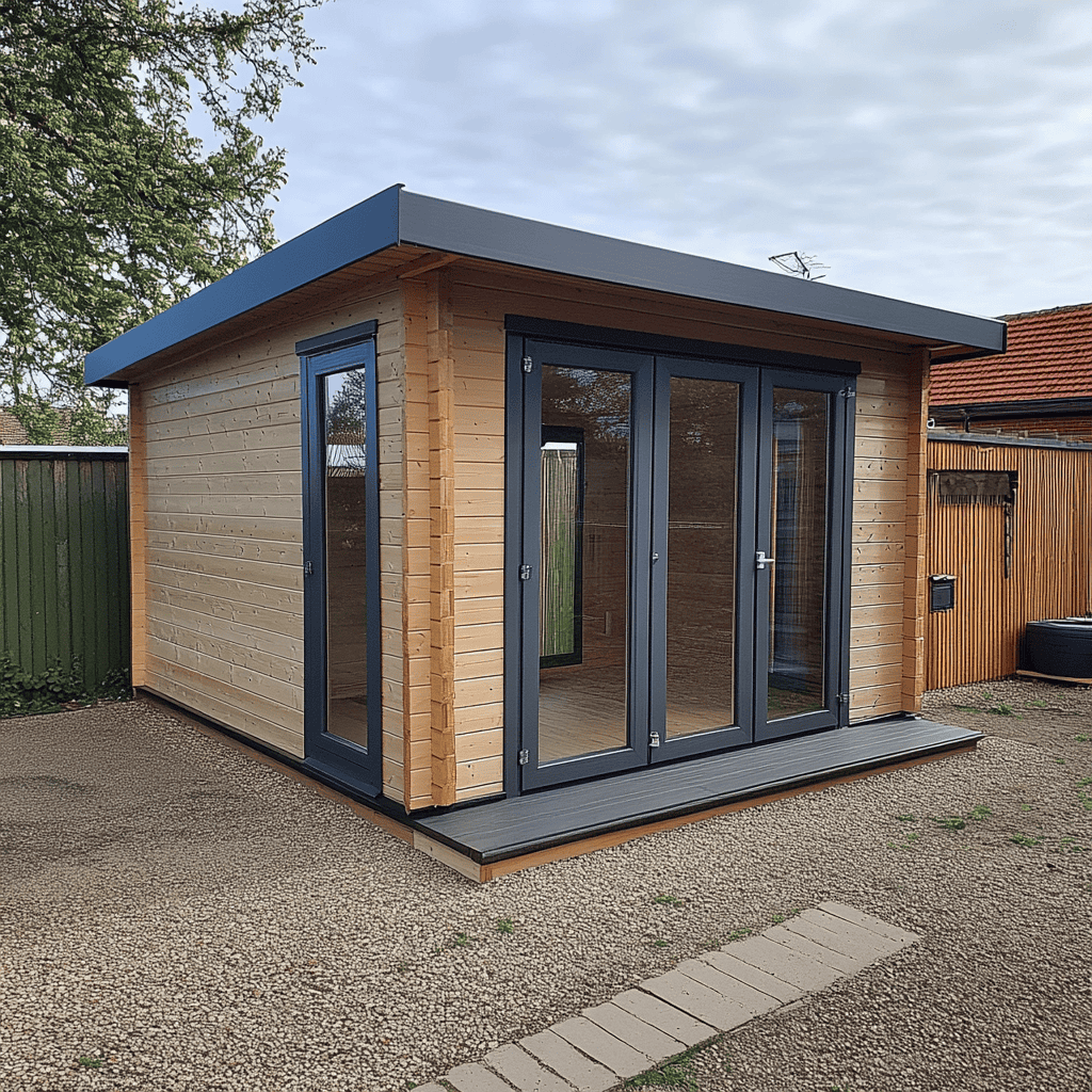 A Small Wooden Shed With Glass Doors