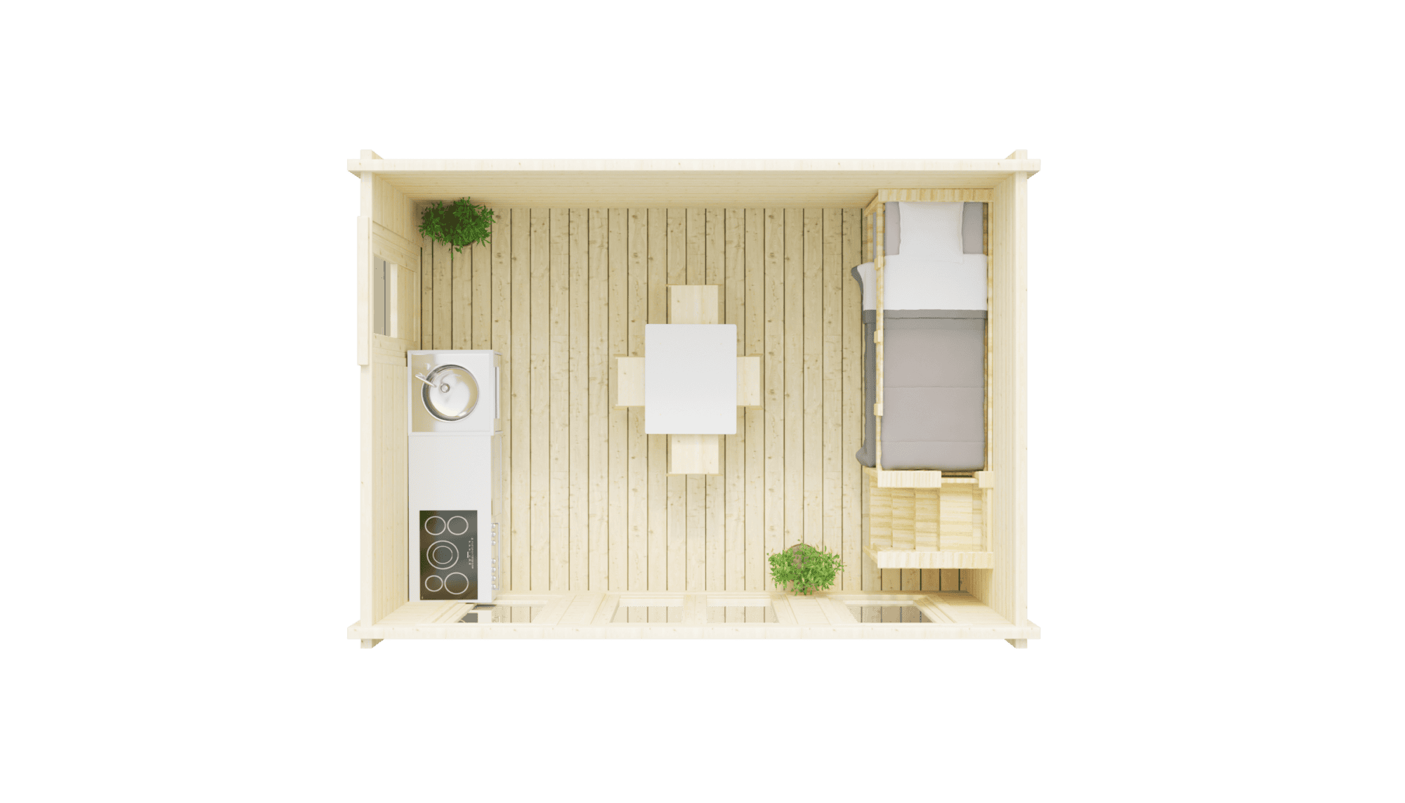 A Small Wooden Cabin With A Table And A Bed