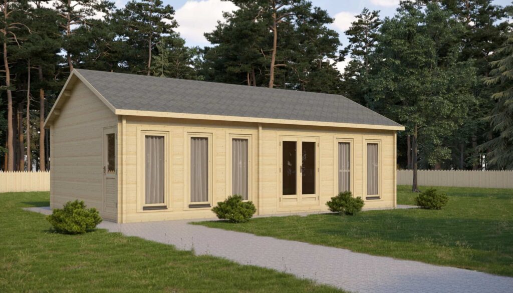a building with a path and trees