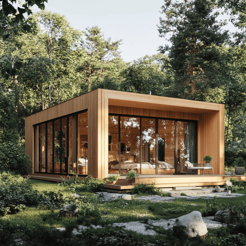 A Wooden House With A Large Window