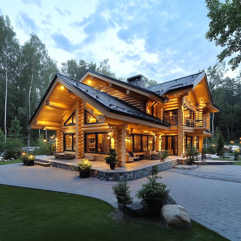 a house with lights on the front