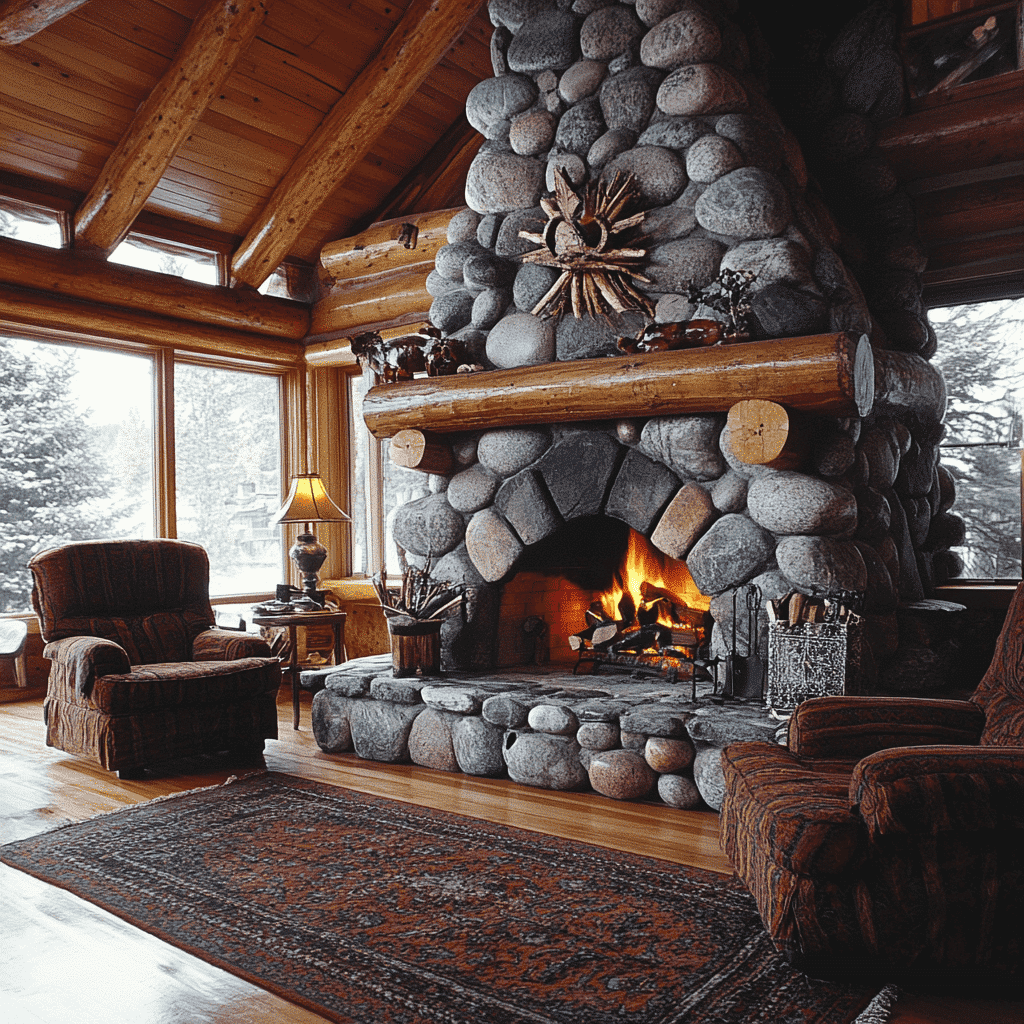 A Fireplace In A Log Cabin