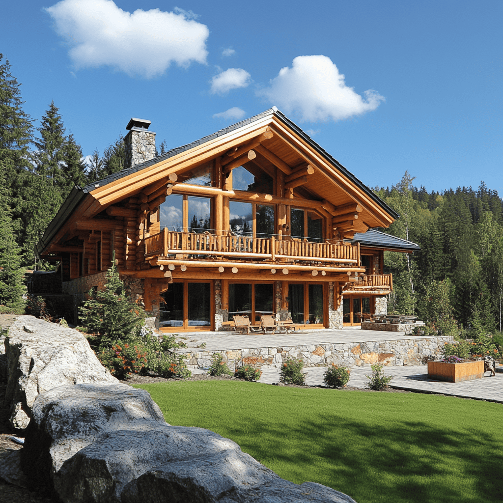A Log Cabin With A Large Lawn And Trees