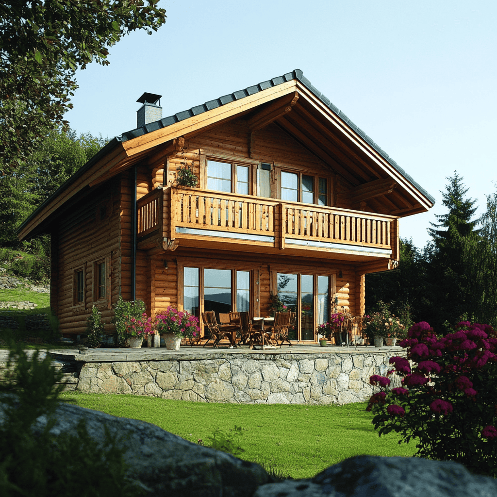A Log Cabin With A Stone Wall And A Stone Patio