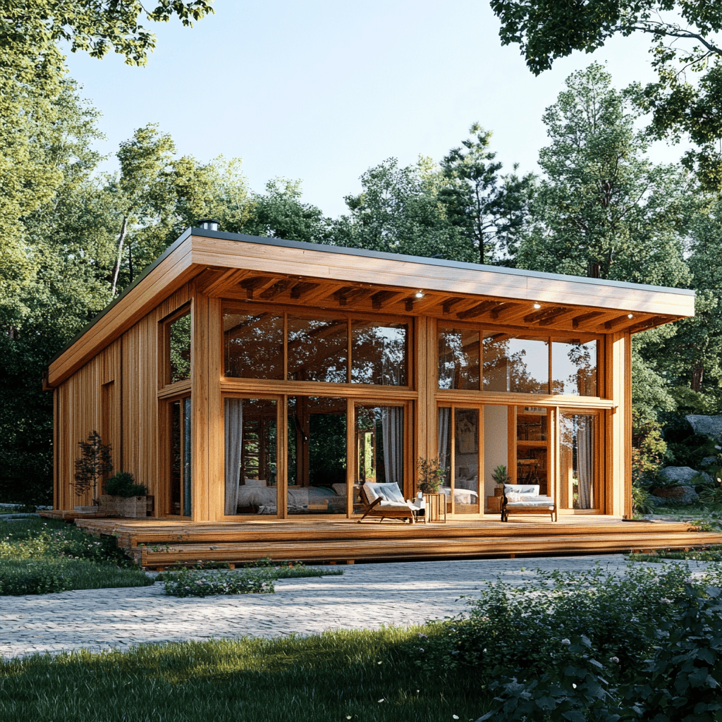 A House With A Large Glass Wall And A Walkway In The Woods With Gordon House In The Background