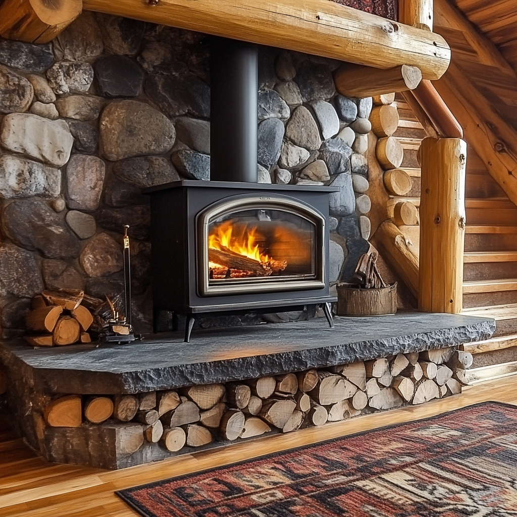a fireplace in a log cabin