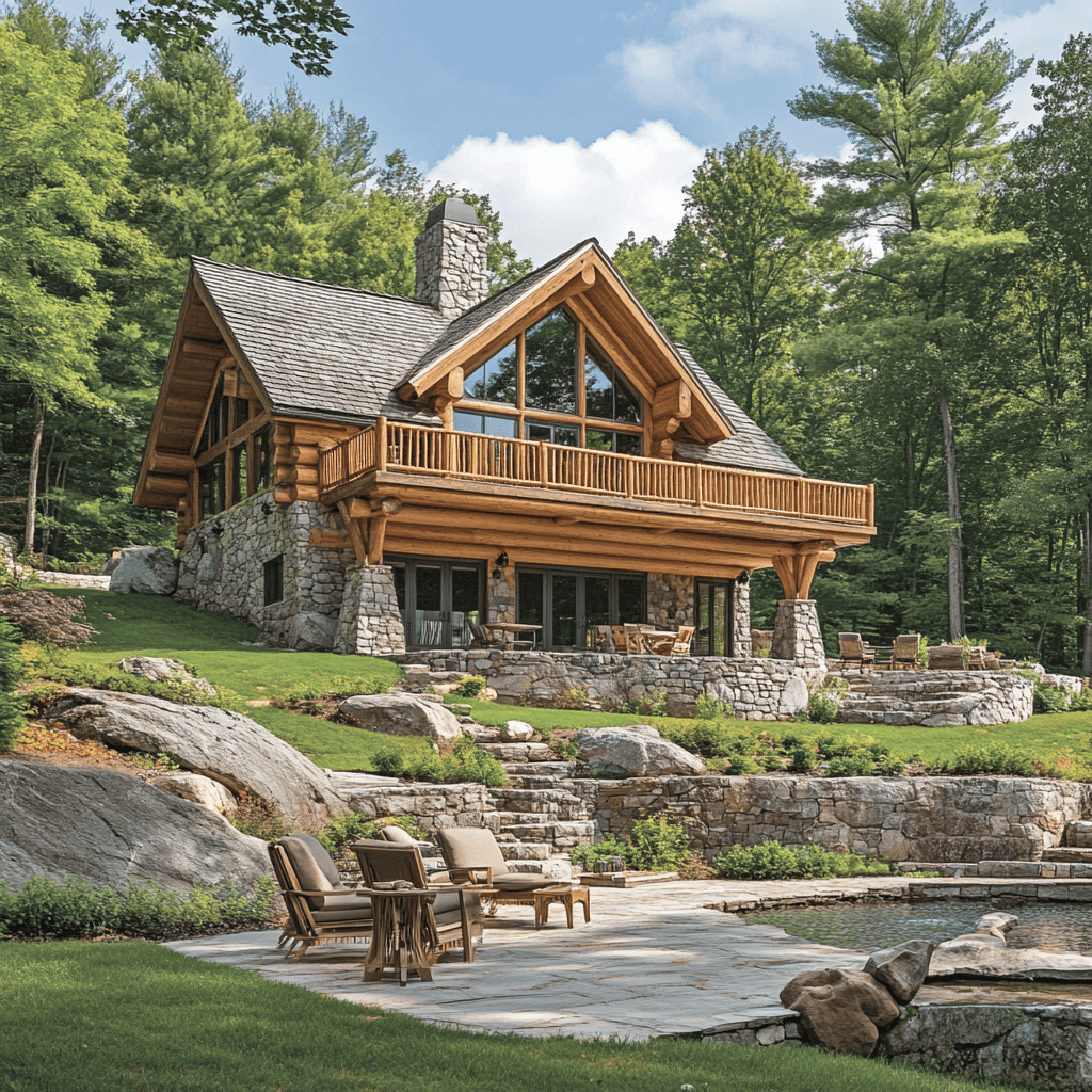 A House With A Stone Patio And A Pool