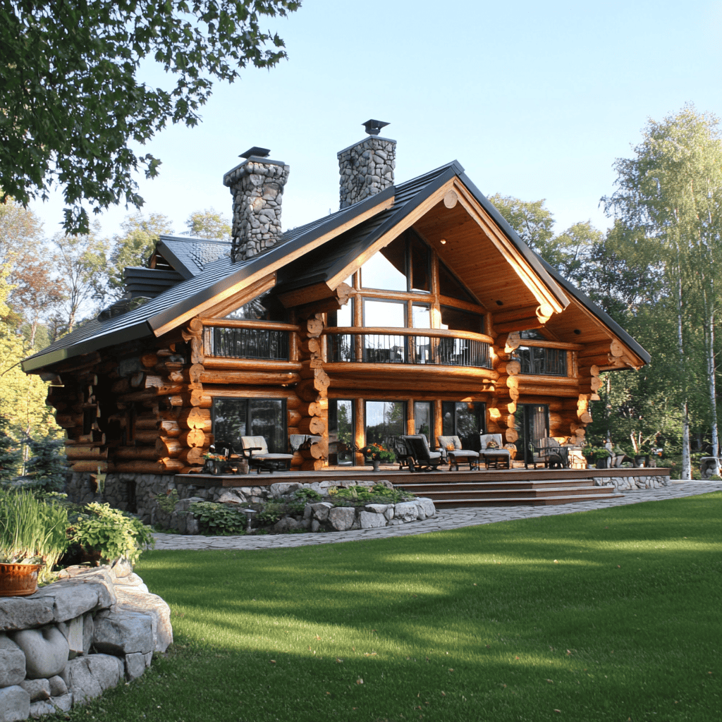 A Log Cabin With A Lawn And A Patio