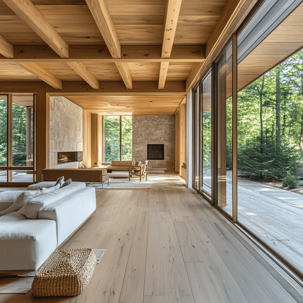 A Living Room With Large Windows And A Wood Floor