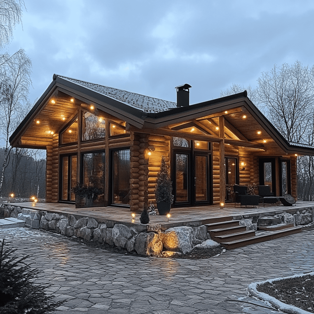 A Log Cabin With Lights On The Front Of It