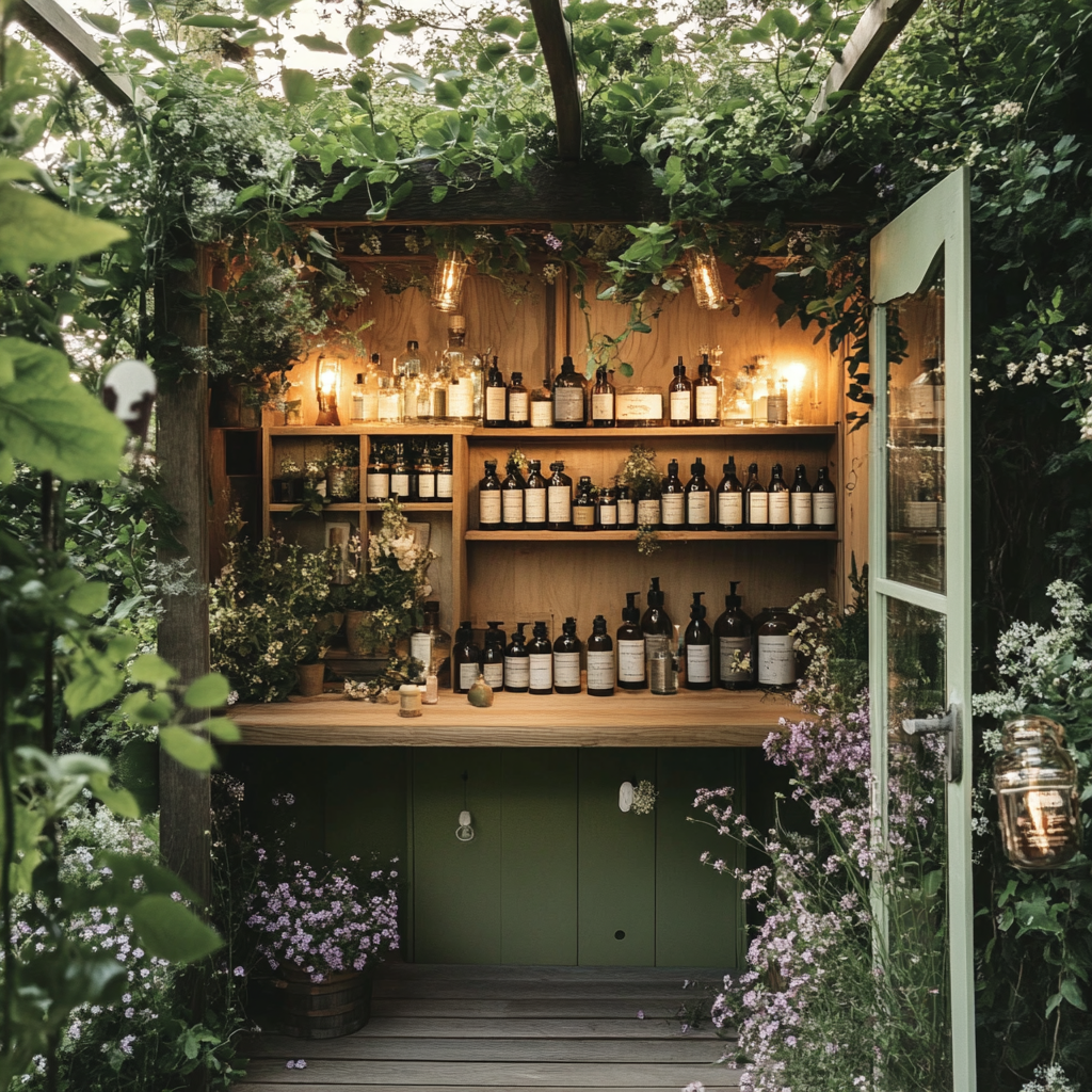 a small wooden shed with bottles and flowers