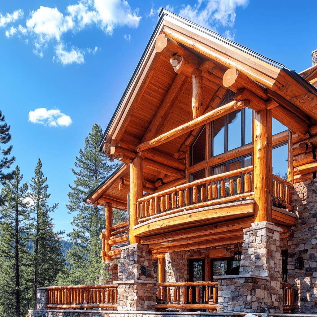 A Log Cabin With A Stone And Wood Porch