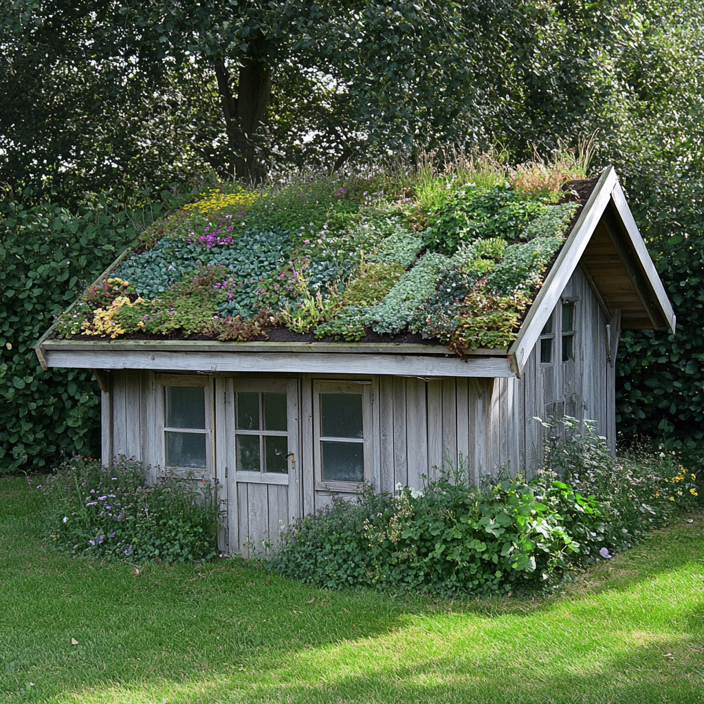 a small house with plants on the roof