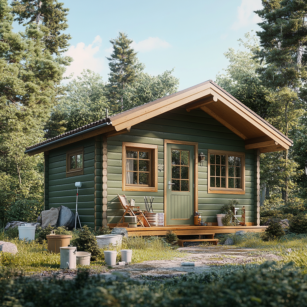 a small green house in the woods