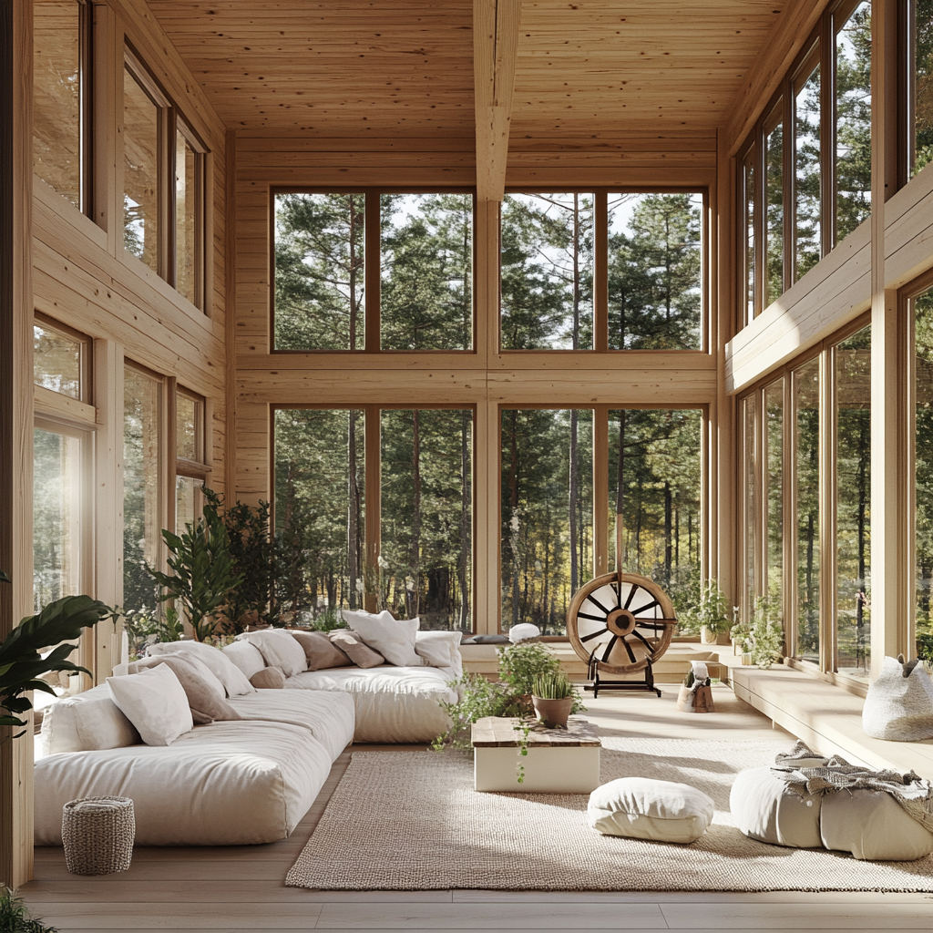 a room with large windows and a large couch