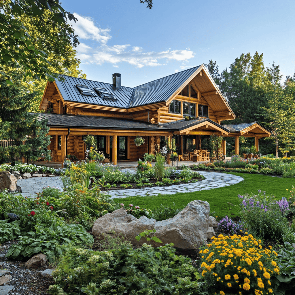 A Large Log Cabin With A Garden And Trees