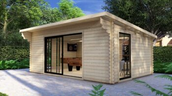 Modern Log Cabin 6×4m – Alu Sliding Doors, Pent Roof