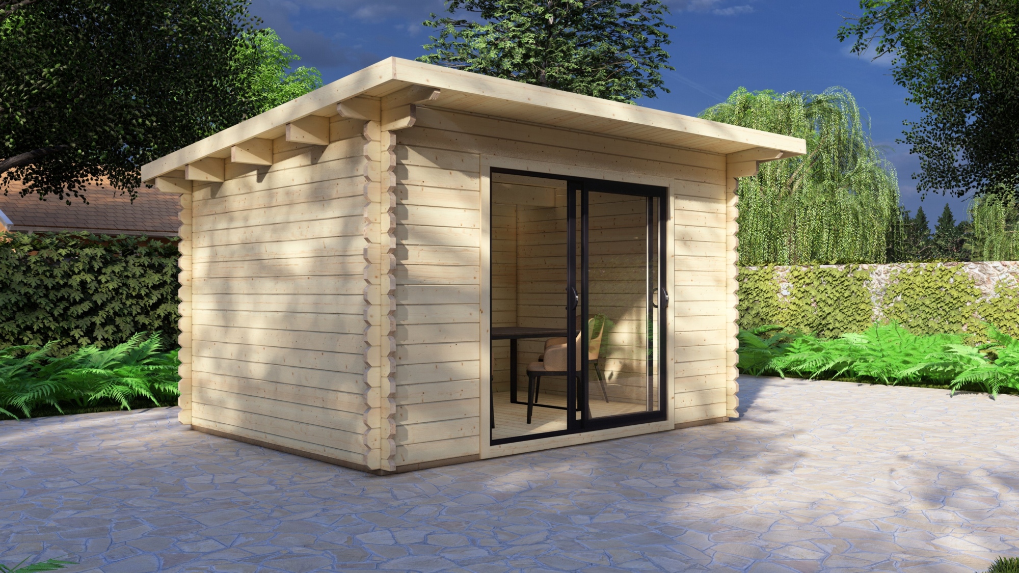 Modern Log Cabin 4×3m – Alu Sliding Doors, Pent roof I