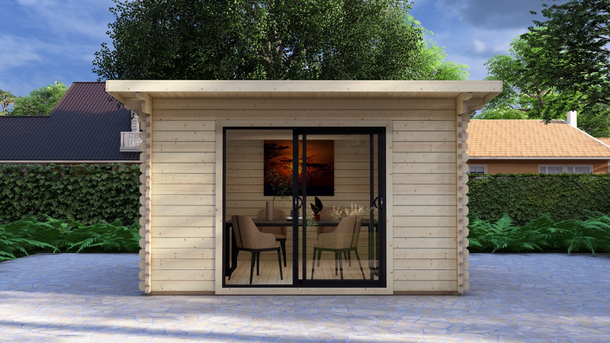 Modern Log Cabin 4×3m – Alu Sliding Doors, Pent roof II Large scale image