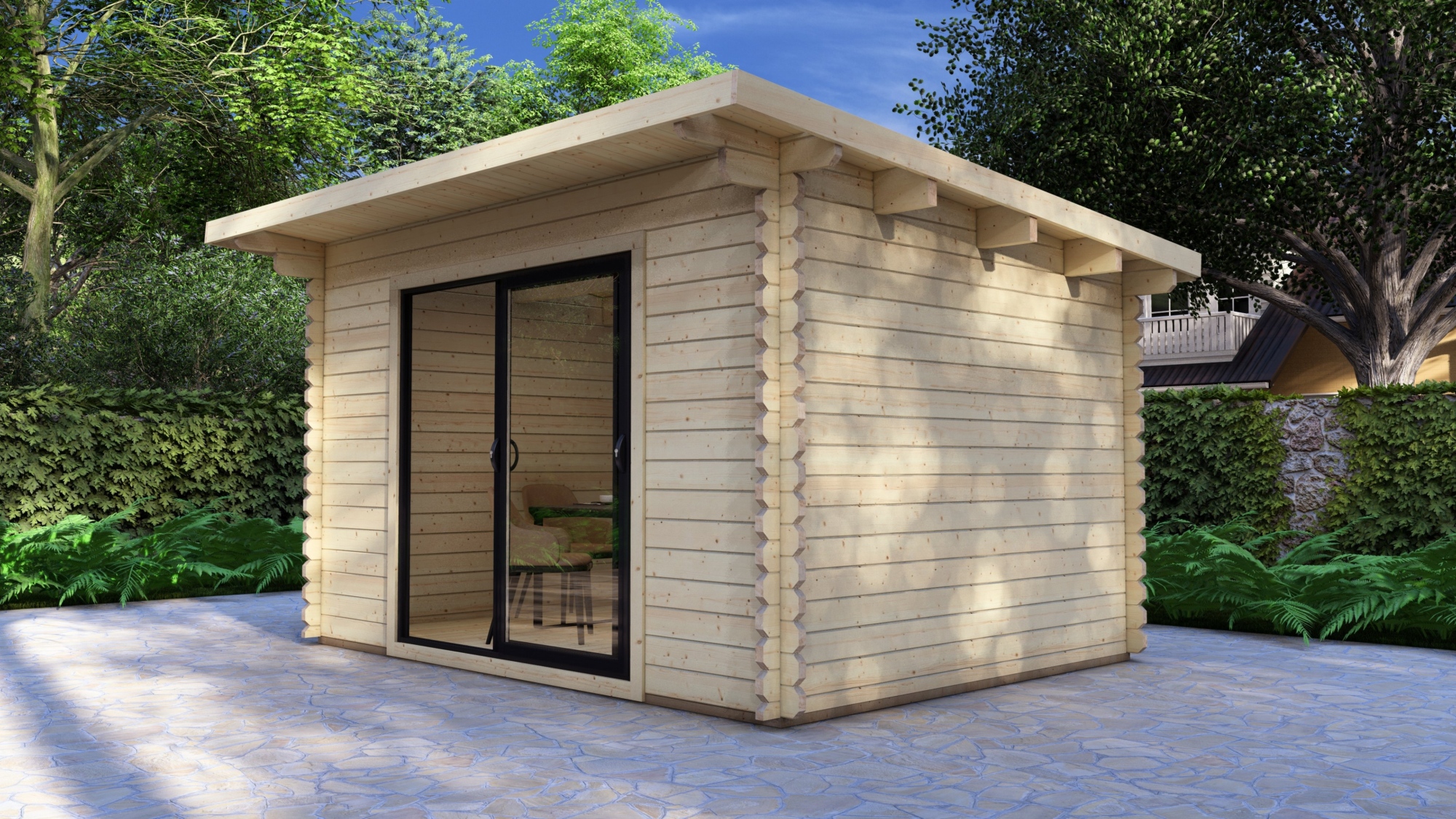 Modern Log Cabin 4×3m – Alu Sliding Doors, Pent roof III Large scale image