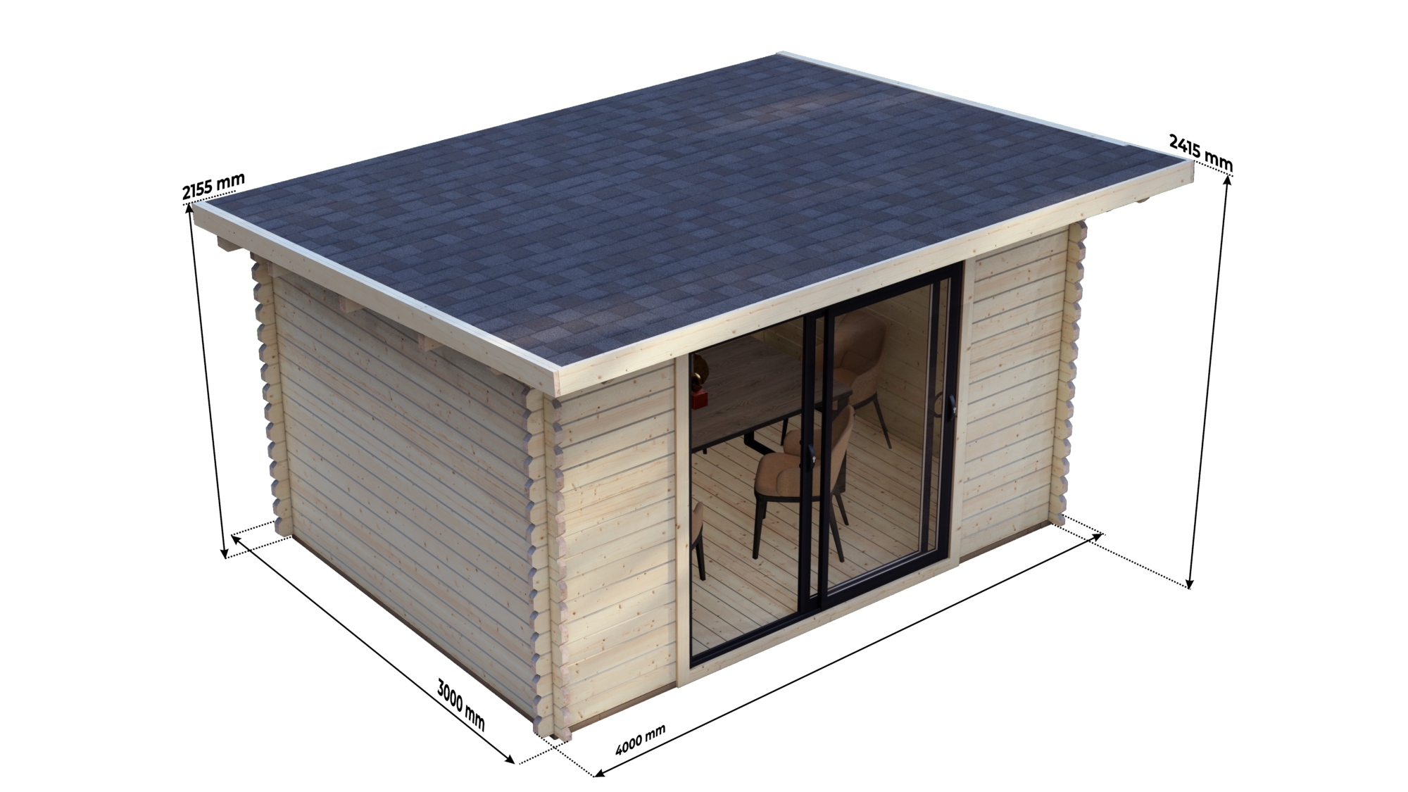 Modern Log Cabin 4×3m – Alu Sliding Doors, Pent roof VIII Large scale image