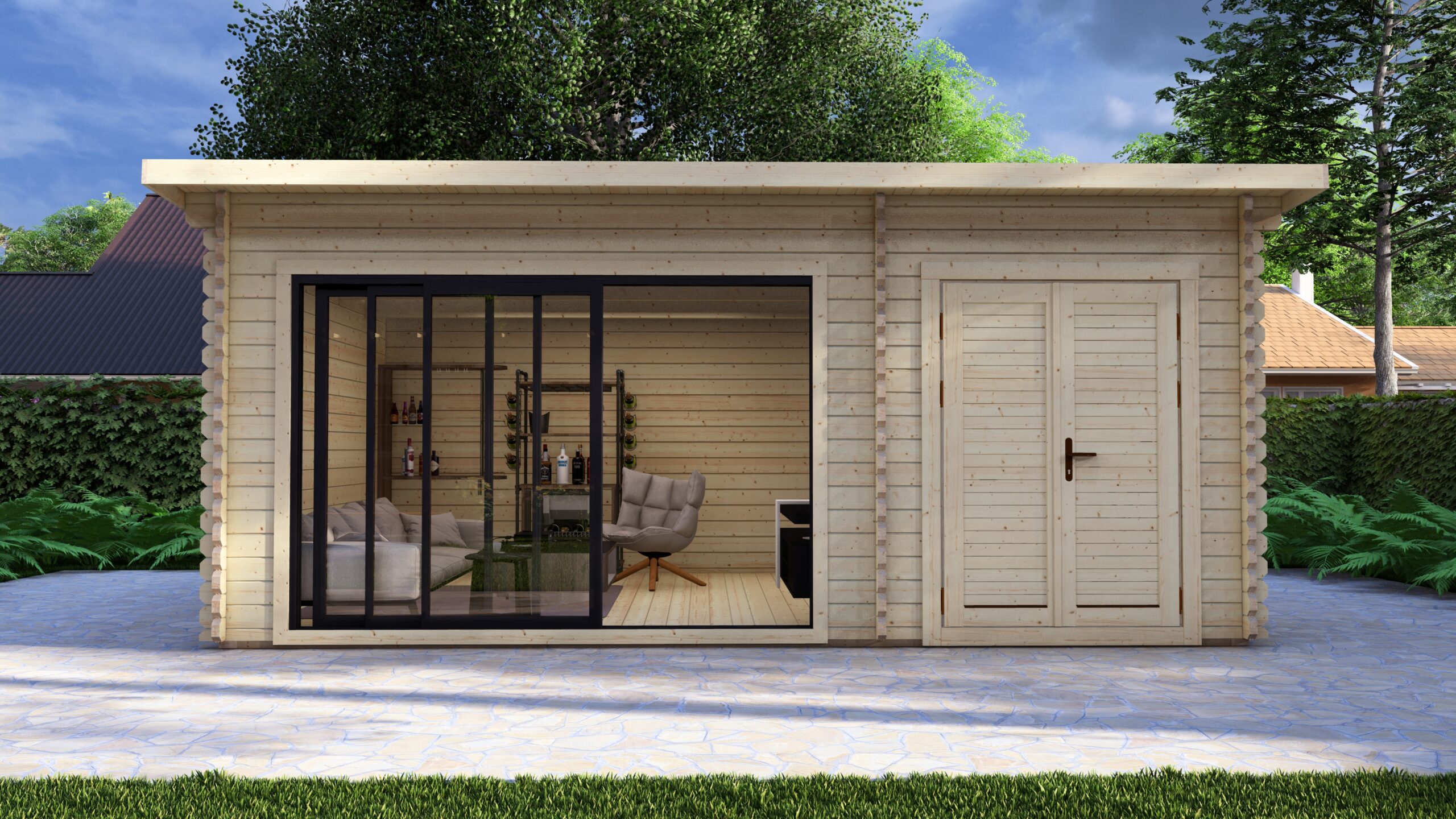 Modern Log Cabin 5.9×4.0m – Aluminium Sliding Doors – 2