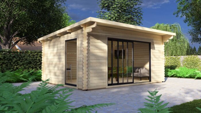 Modern Log Cabin 5×4M – Alu Sliding Doors, Pent Roof