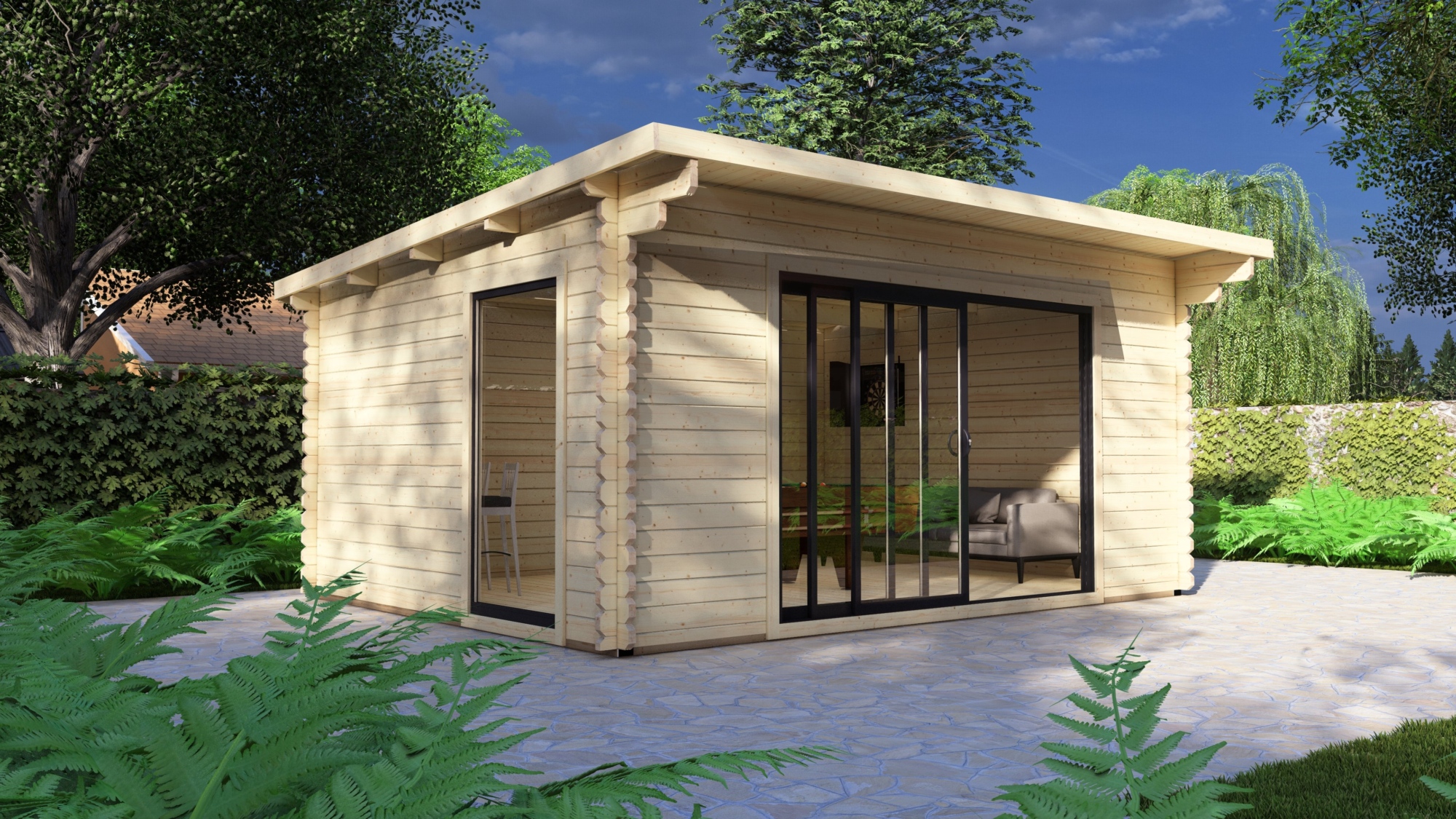 Modern Log Cabin 5×4m – Alu Sliding Doors, Pent Roof1