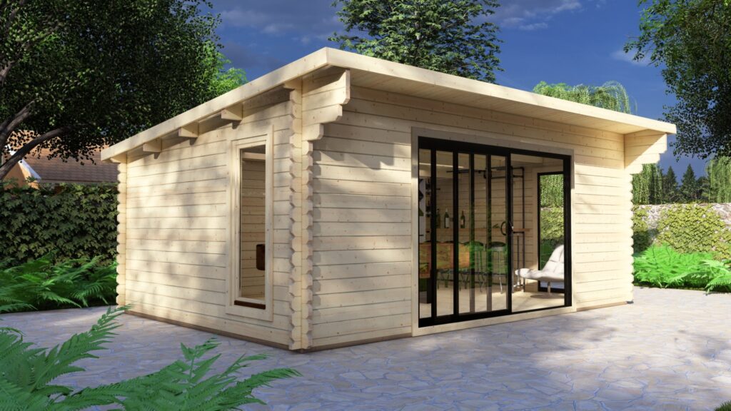 Modern Log Cabin 6×4m – Alu Sliding Doors, Pent Roof Main Image