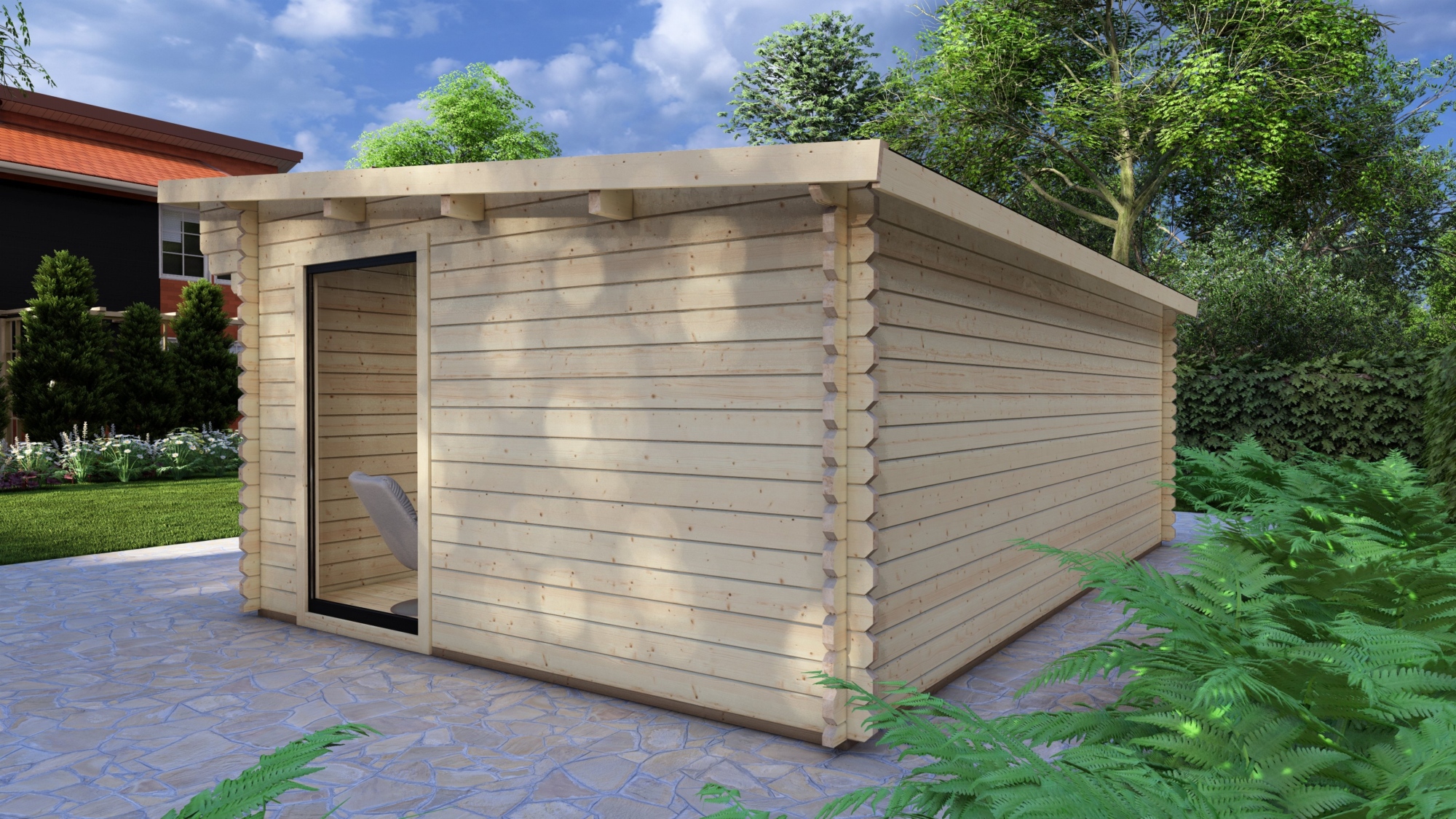 Modern Log Cabin 6×4m – Alu Sliding Doors, Pent Roof4 Large scale image