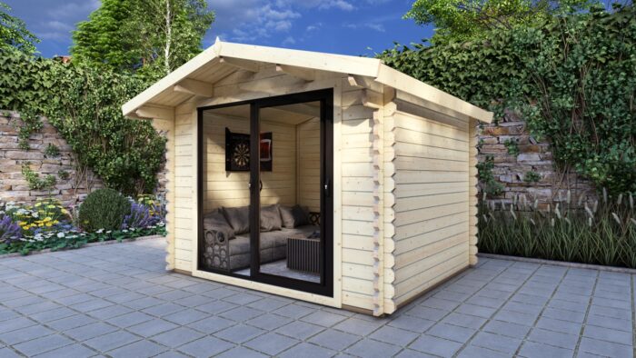 Modern Log Cabin 3.2×2.6m – Alu Sliding Doors, Apex Roof