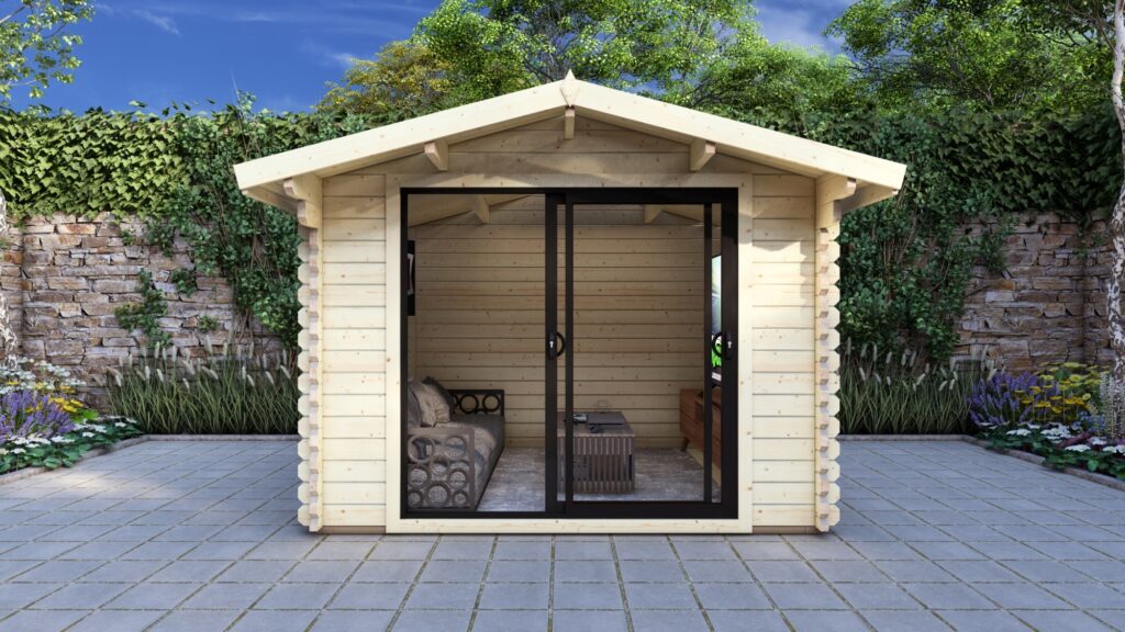 Modern Log Cabin 3.2×2.6m, Alu Sliding Doors, Apex Roof3