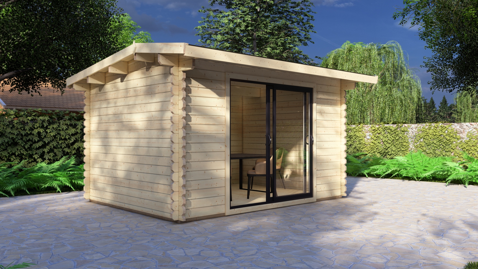 Modern Log Cabin 4×3m – Alu Sliding Doors, Long Ridge Roof 1 Large scale image