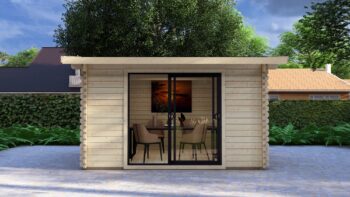 Modern Log Cabin 4×3m – Alu Sliding Doors, Long Ridge Roof 2