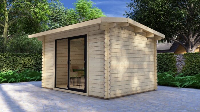 Modern Log Cabin 4×3M – Alu Sliding Doors, Long Ridge Roof