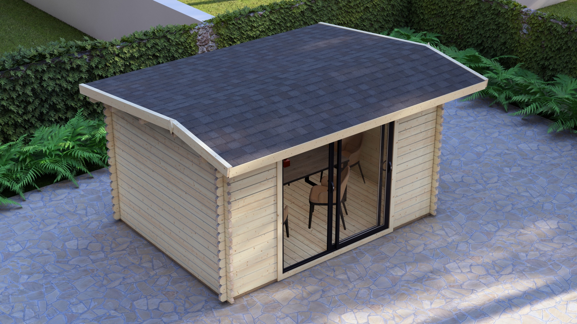 Modern Log Cabin 4×3m – Alu Sliding Doors, Long Ridge Roof 7 Large scale image