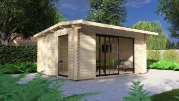 Modern Log Cabin 5×4m – Alu Sliding Doors, Long Ridge Roof1