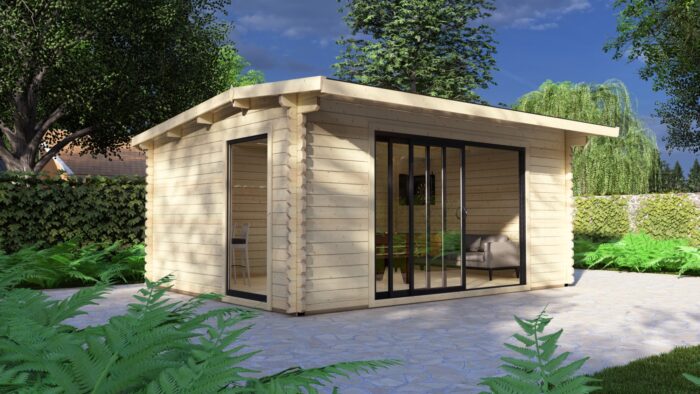 Modern Log Cabin 5×4m – Alu Sliding Doors, Long Ridge Roof