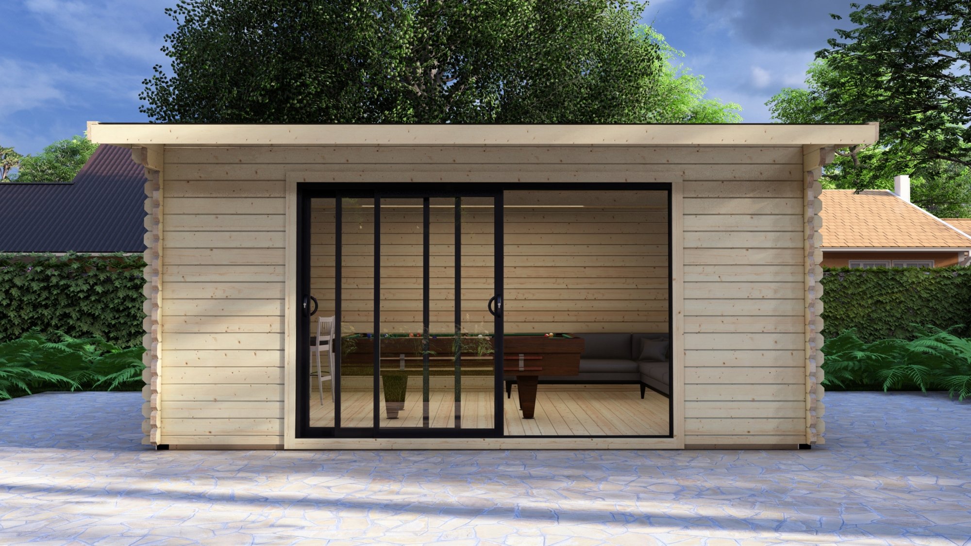 Modern Log Cabin 5×4m – Alu Sliding Doors, Long Ridge Roof3 Large scale image