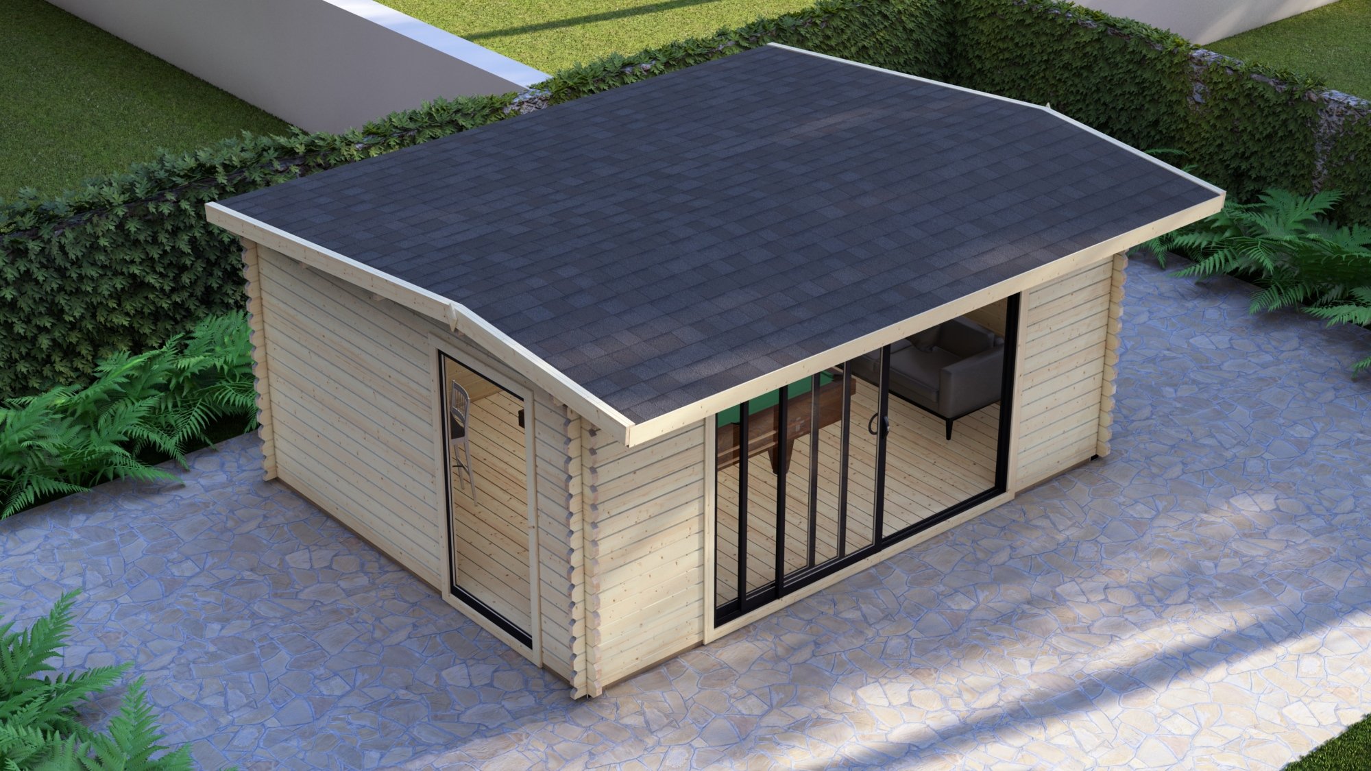 Modern Log Cabin 5×4m – Alu Sliding Doors, Long Ridge Roof7 Large scale image