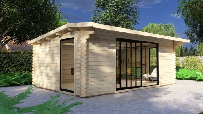 Modern Log Cabin 6×4m – Alu Sliding Doors, Long Ridge Roof