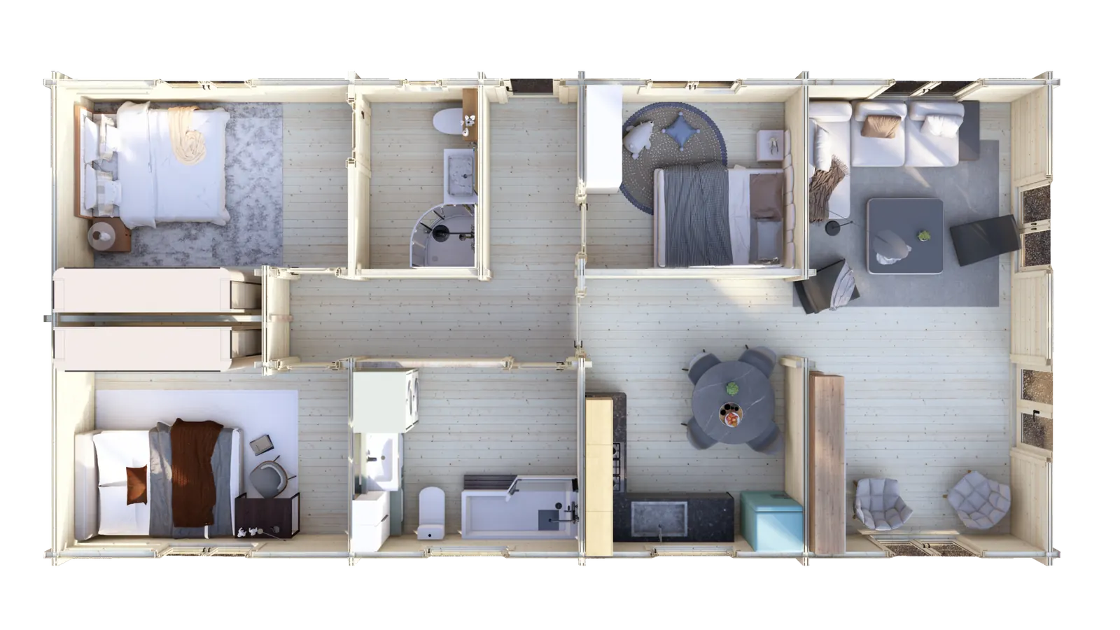 Mobile Log Home 3 Bed 14x6.8m: floor plan