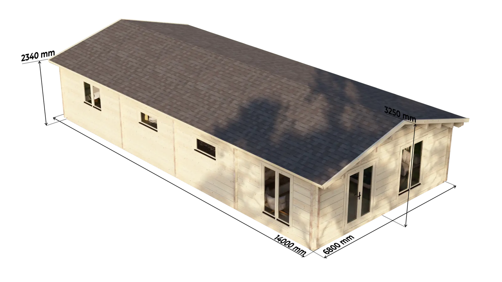 Mobile Log Home 3 Bed 14x6.8m: dimension drawing
