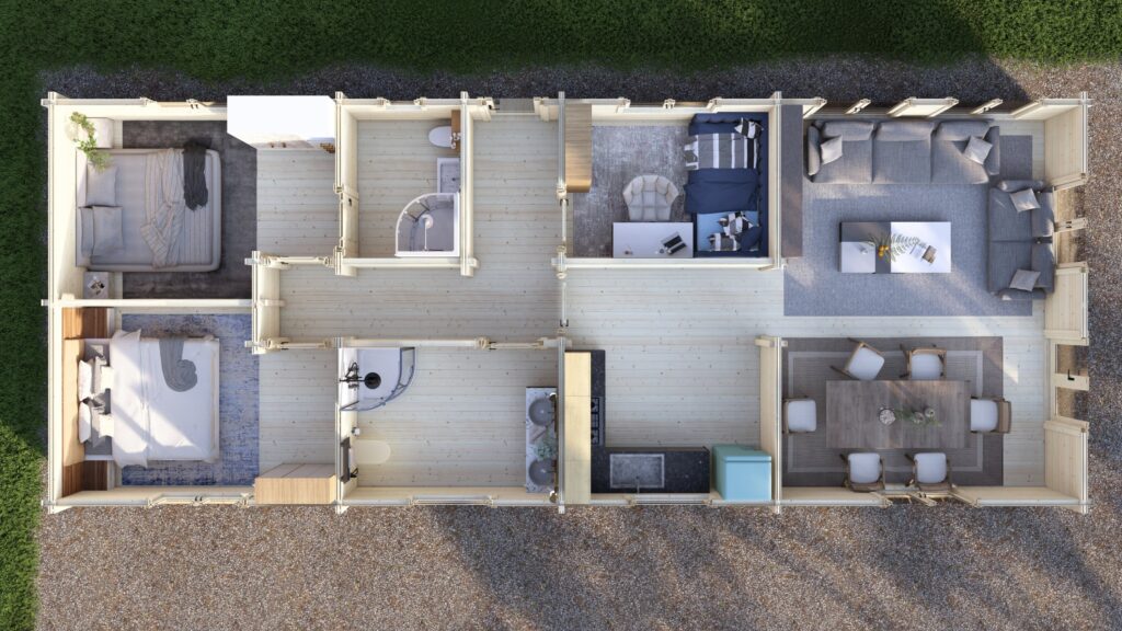 Planul casei parter din lemn lamelar Eurodita Mobile Log Home 15 x 6 m cu trei dormitoare, vedere de sus